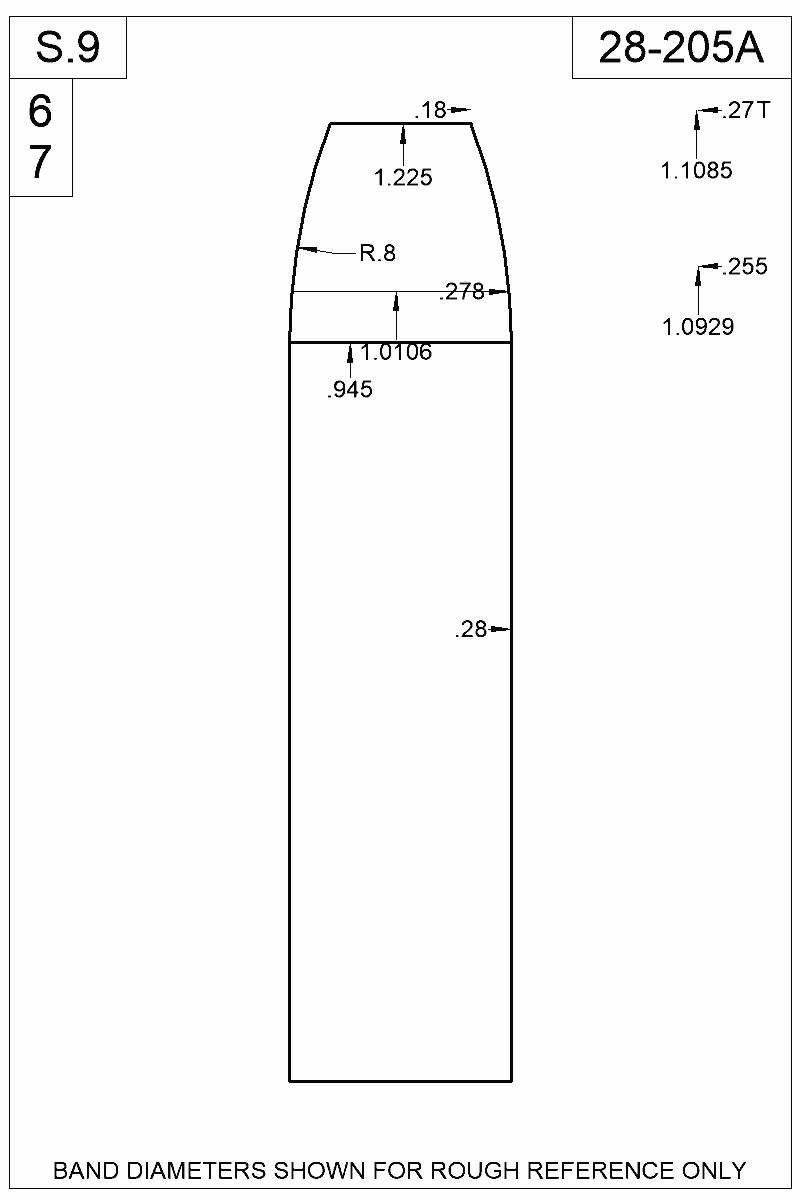 Dimensioned view of bullet 28-205A