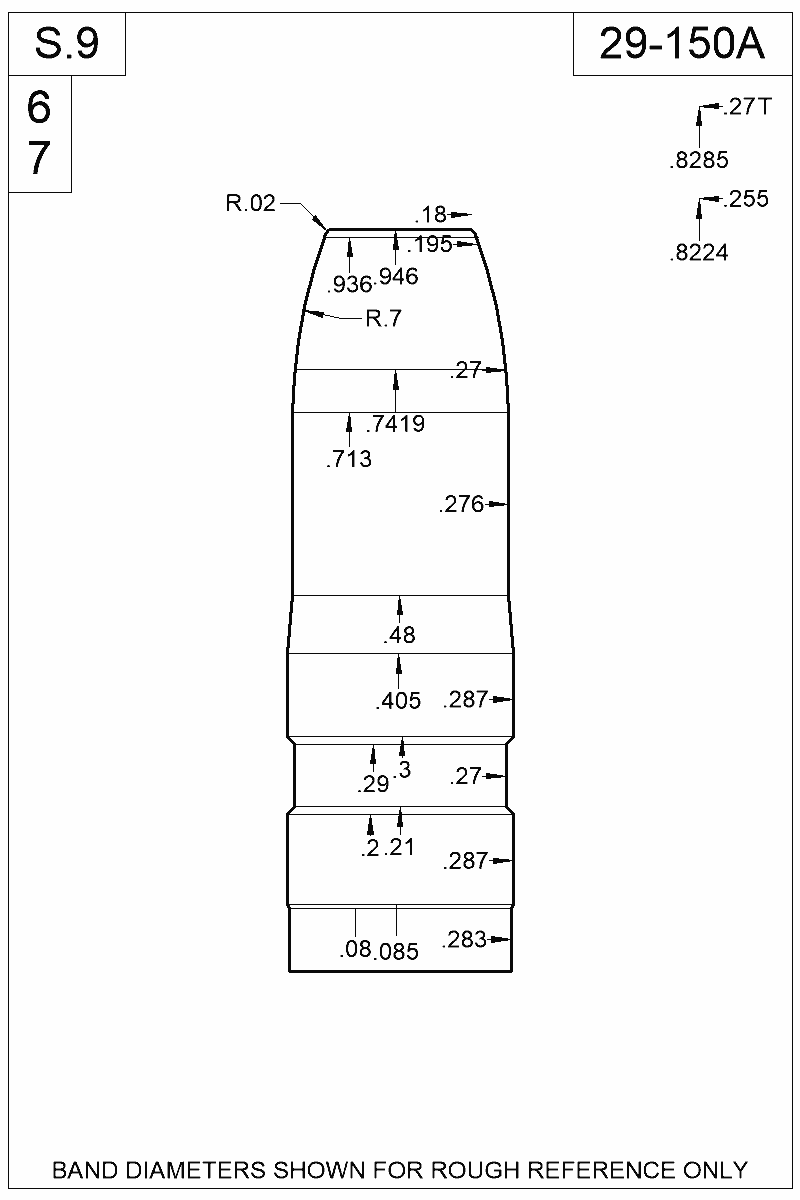 Dimensioned view of bullet 29-150A