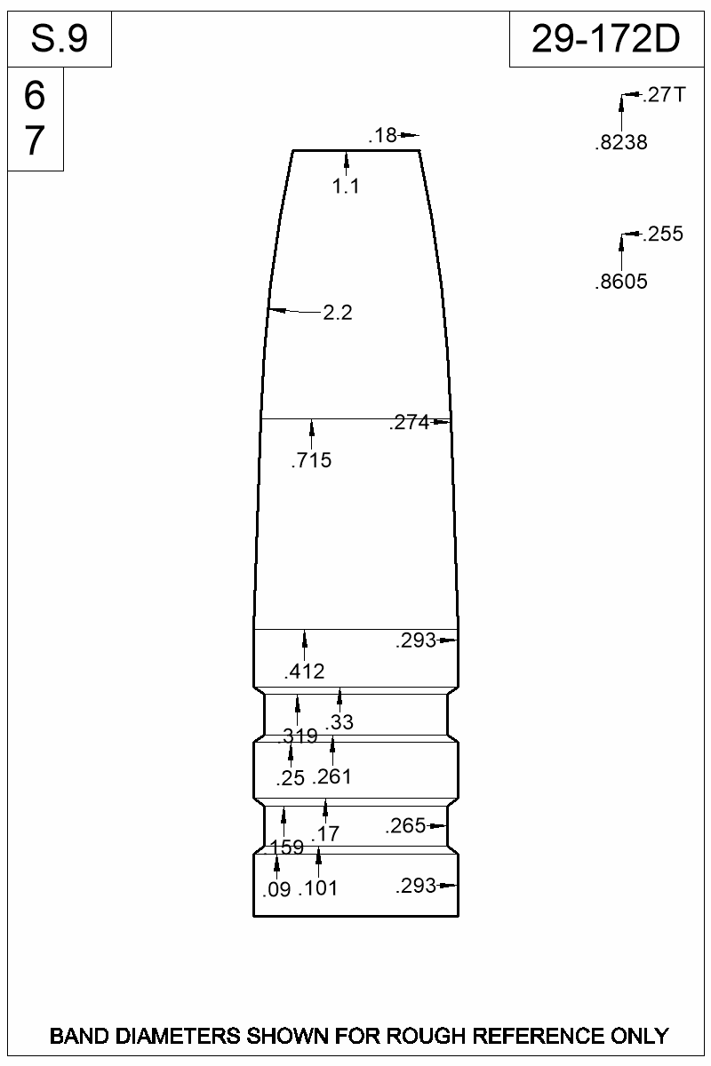 Dimensioned view of bullet 29-172D