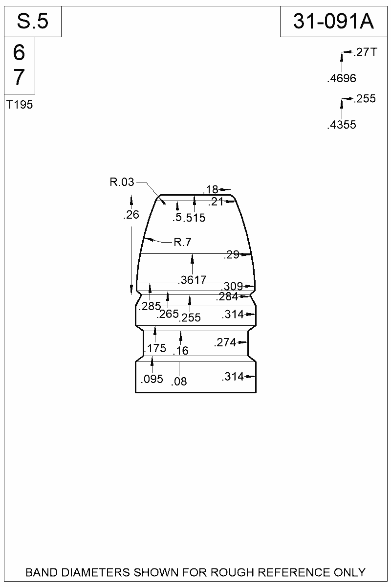 Dimensioned view of bullet 31-091A