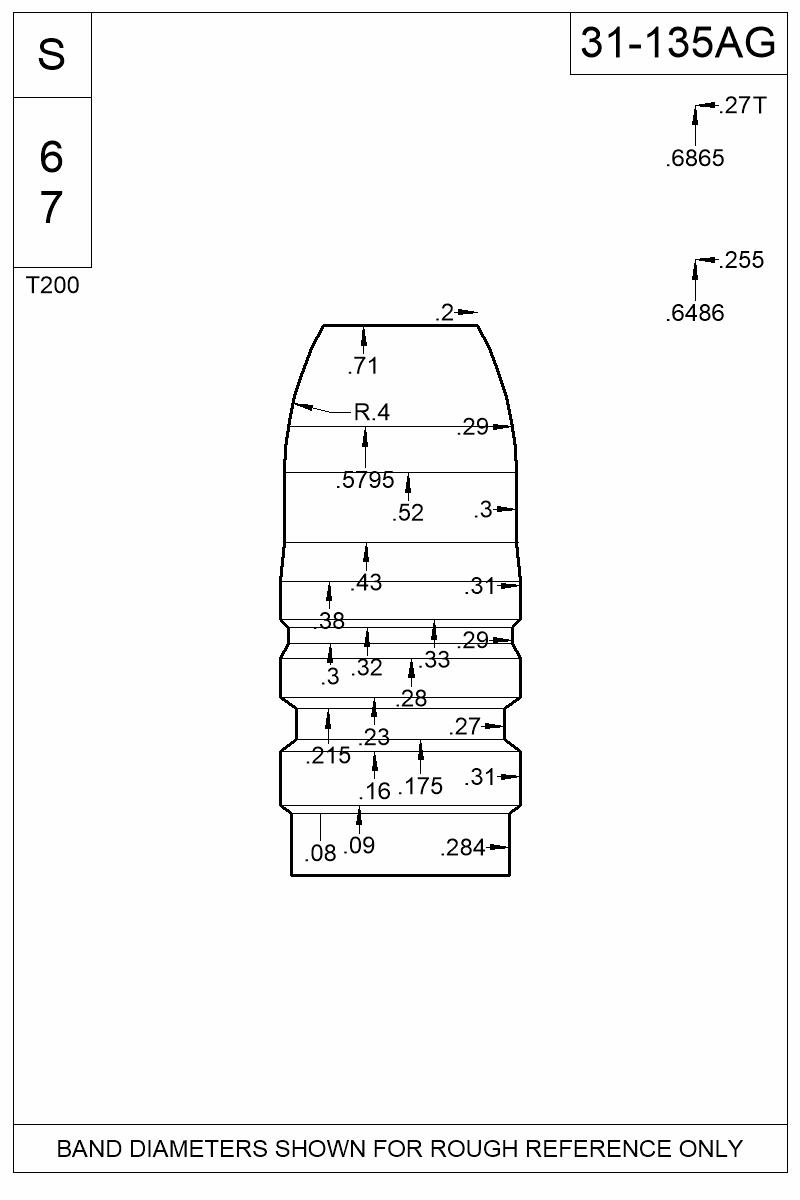 Dimensioned view of bullet 31-135AG