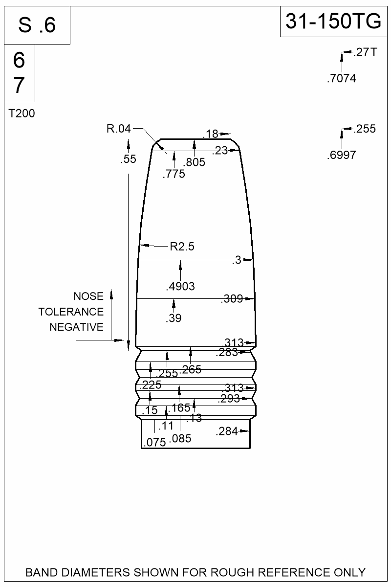 Dimensioned view of bullet 31-150TG