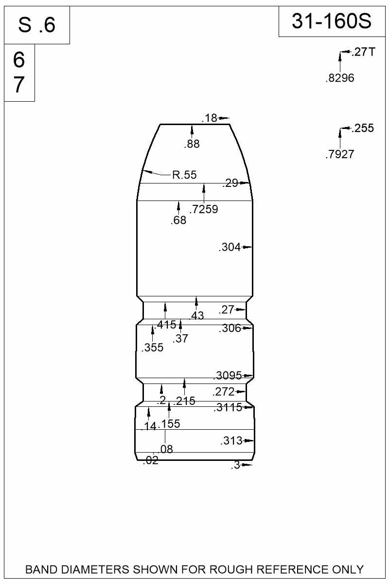 Dimensioned view of bullet 31-160S