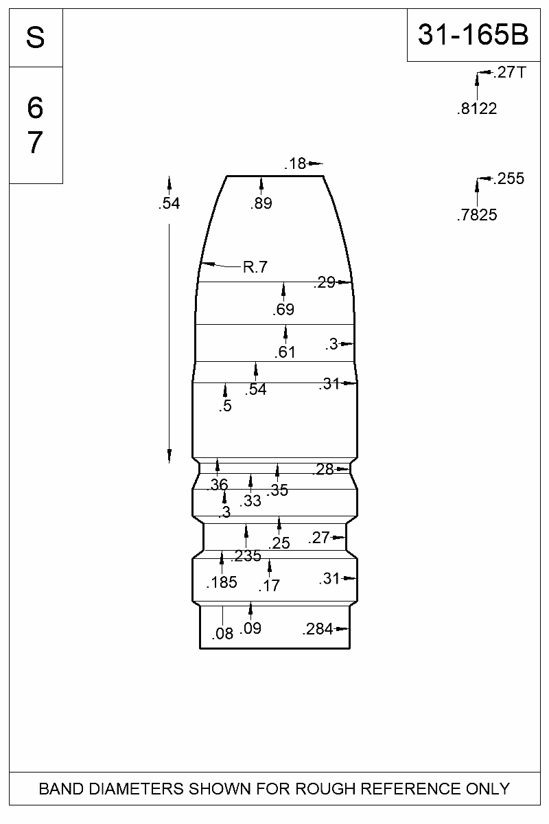 Dimensioned view of bullet 31-165B