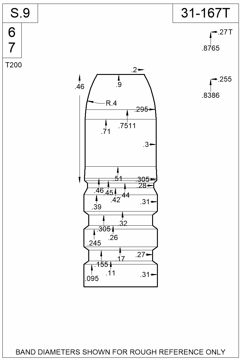 Dimensioned view of bullet 31-167T