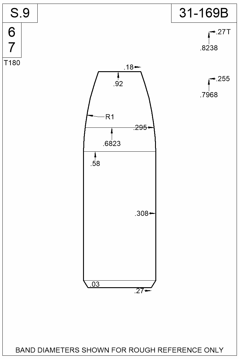 Dimensioned view of bullet 31-169B