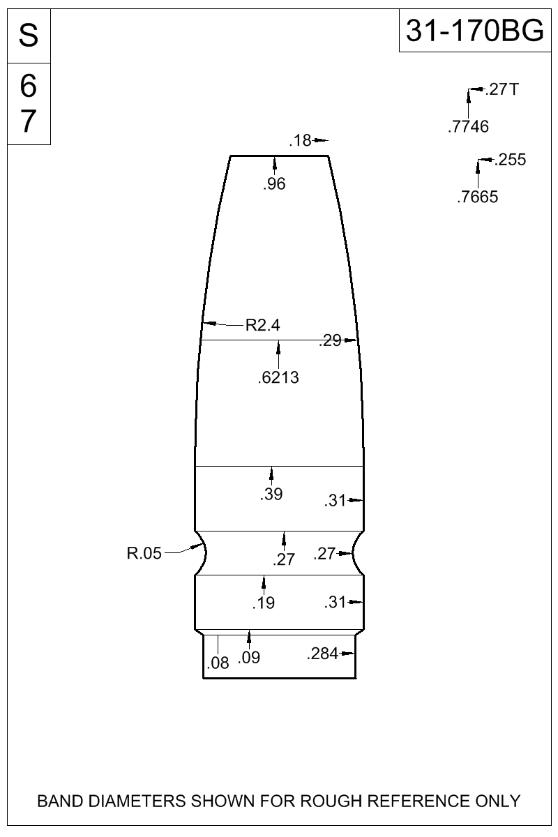 Dimensioned view of bullet 31-170BG