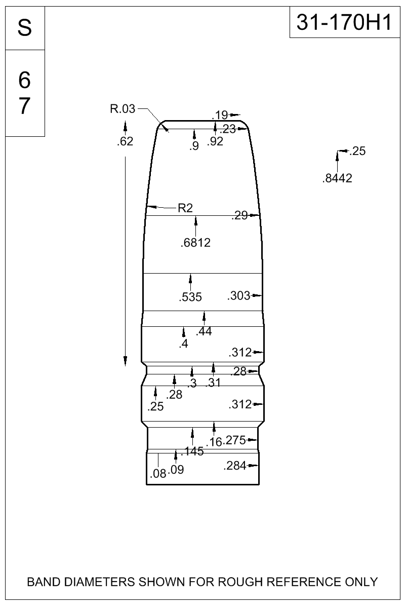 Dimensioned view of bullet 31-170H1