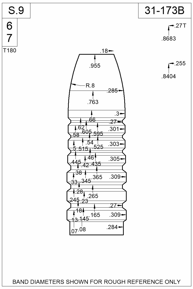 Dimensioned view of bullet 31-173B