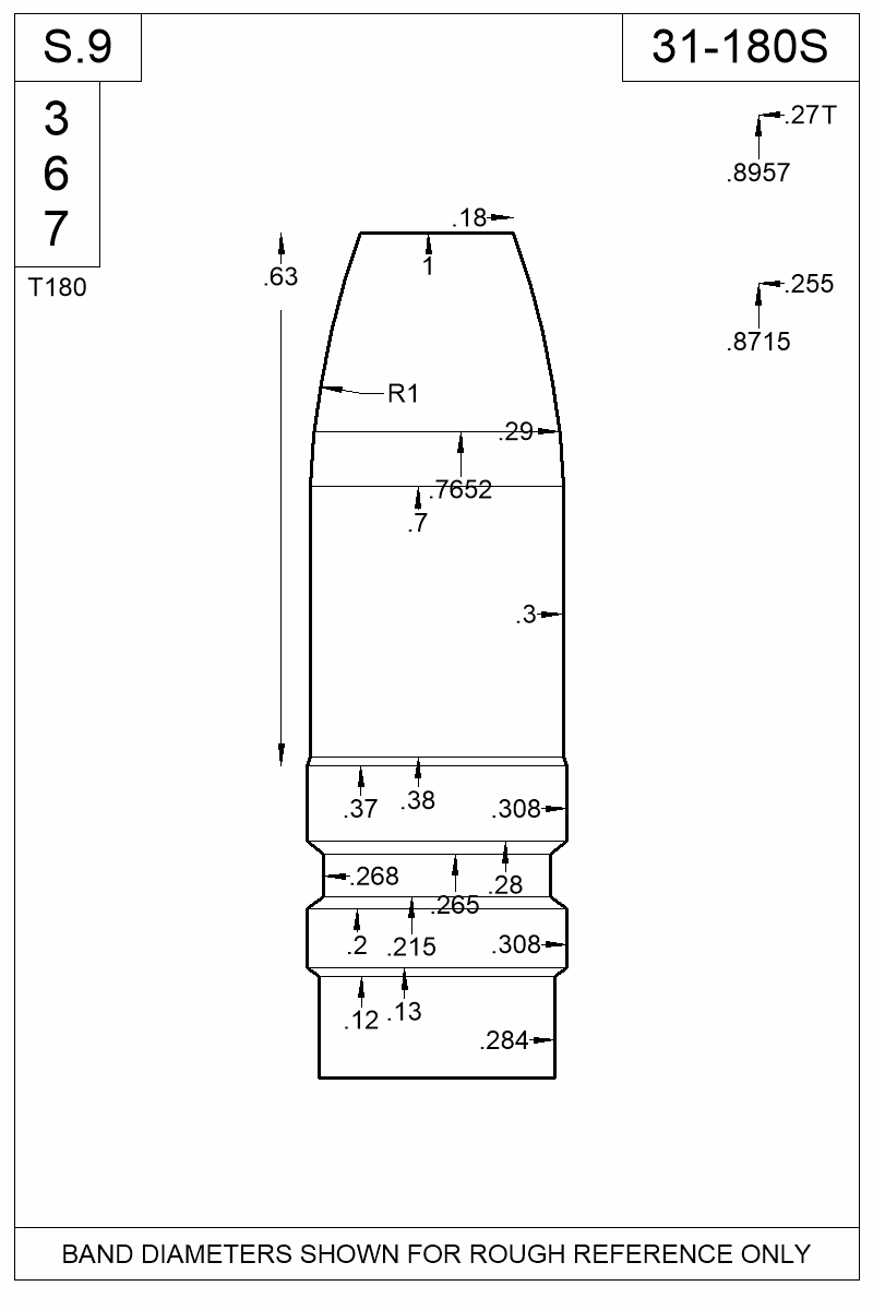 Dimensioned view of bullet 31-180S