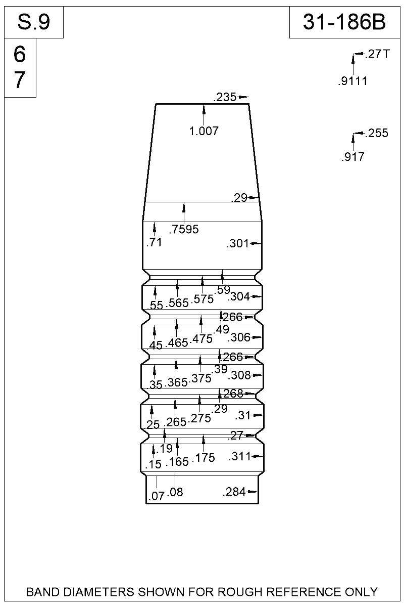 Dimensioned view of bullet 31-186B