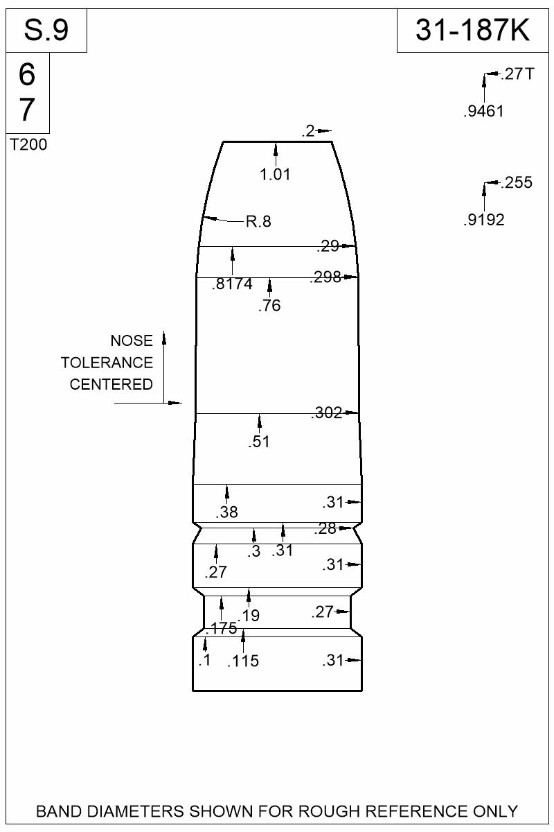 Dimensioned view of bullet 31-187K