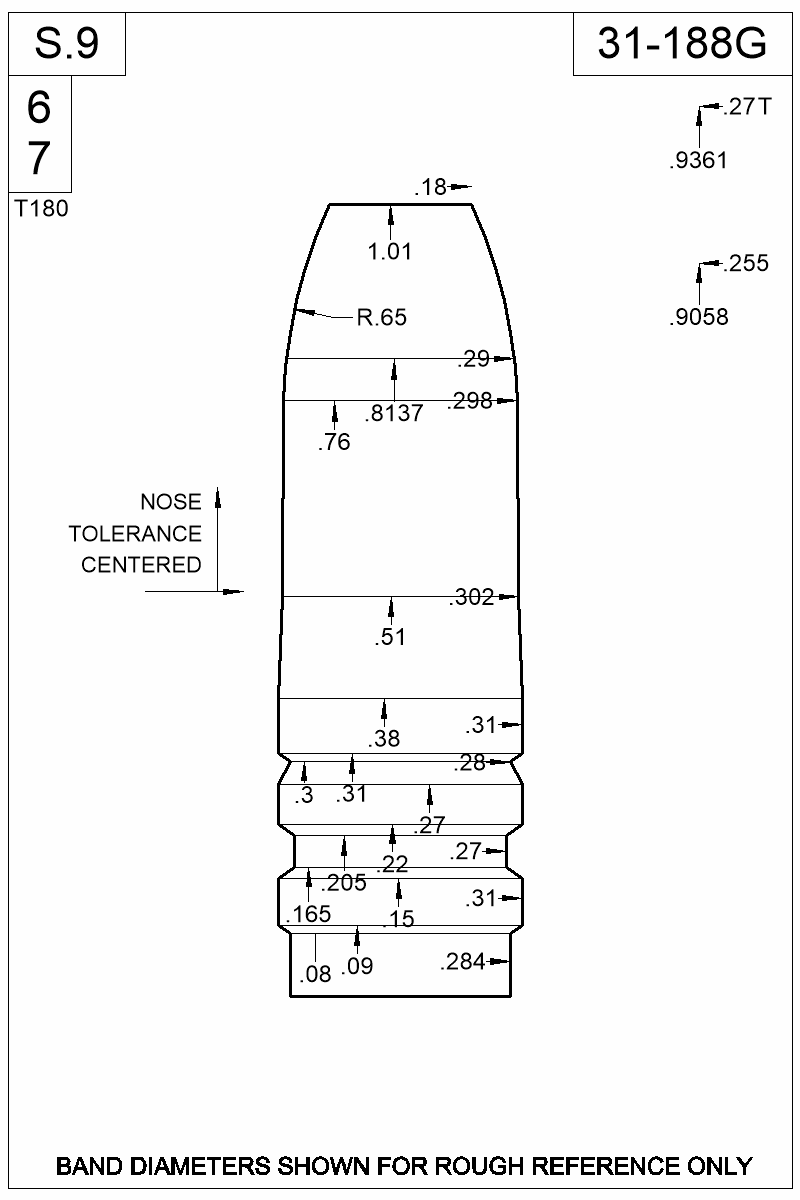 Dimensioned view of bullet 31-188G
