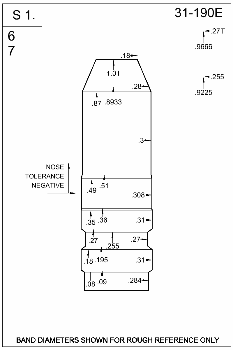Dimensioned view of bullet 31-190E