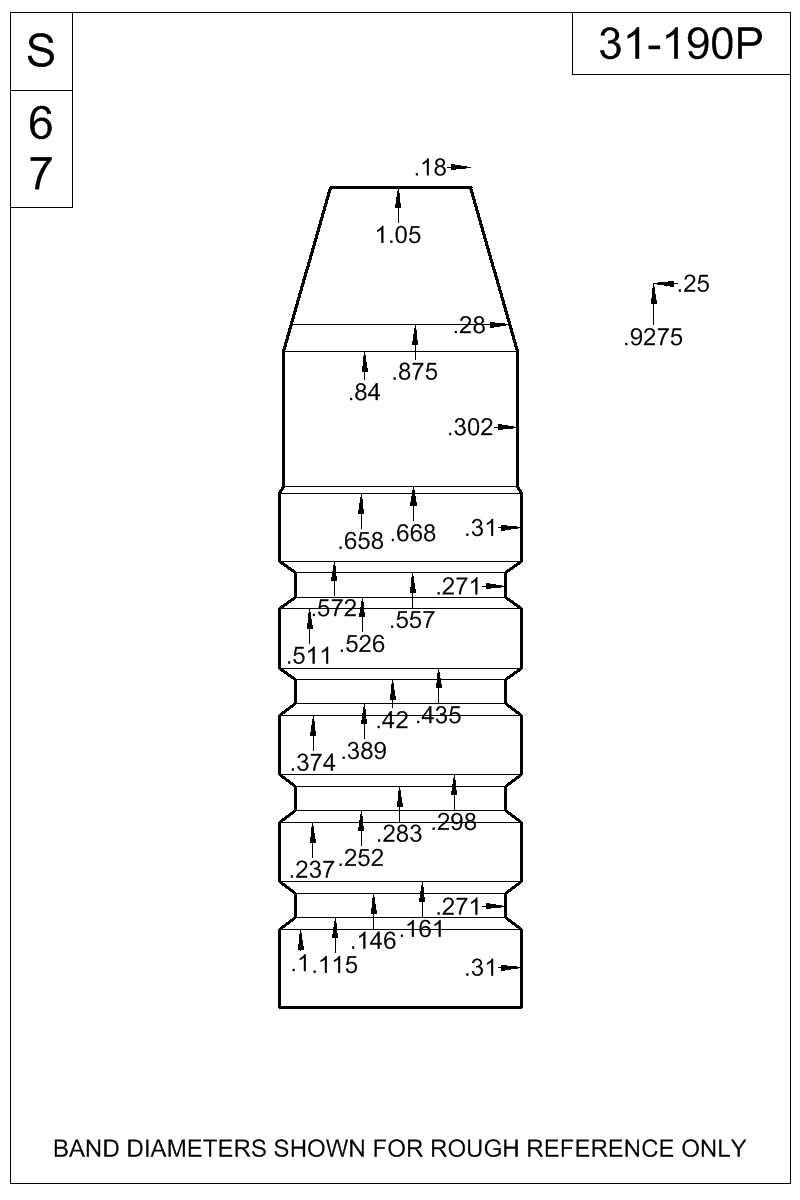 Dimensioned view of bullet 31-190P