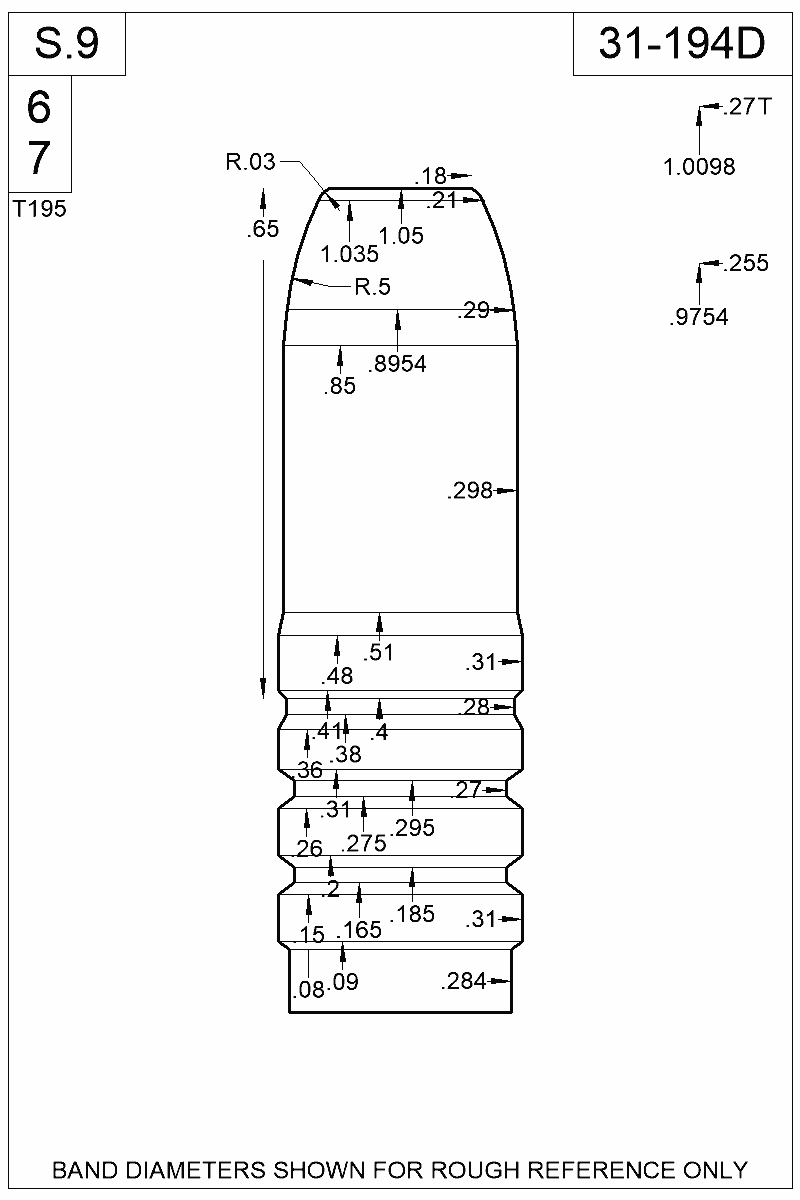 Dimensioned view of bullet 31-194D