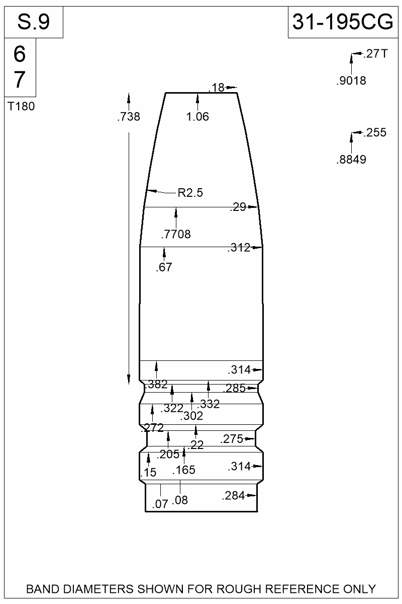 Dimensioned view of bullet 31-195CG