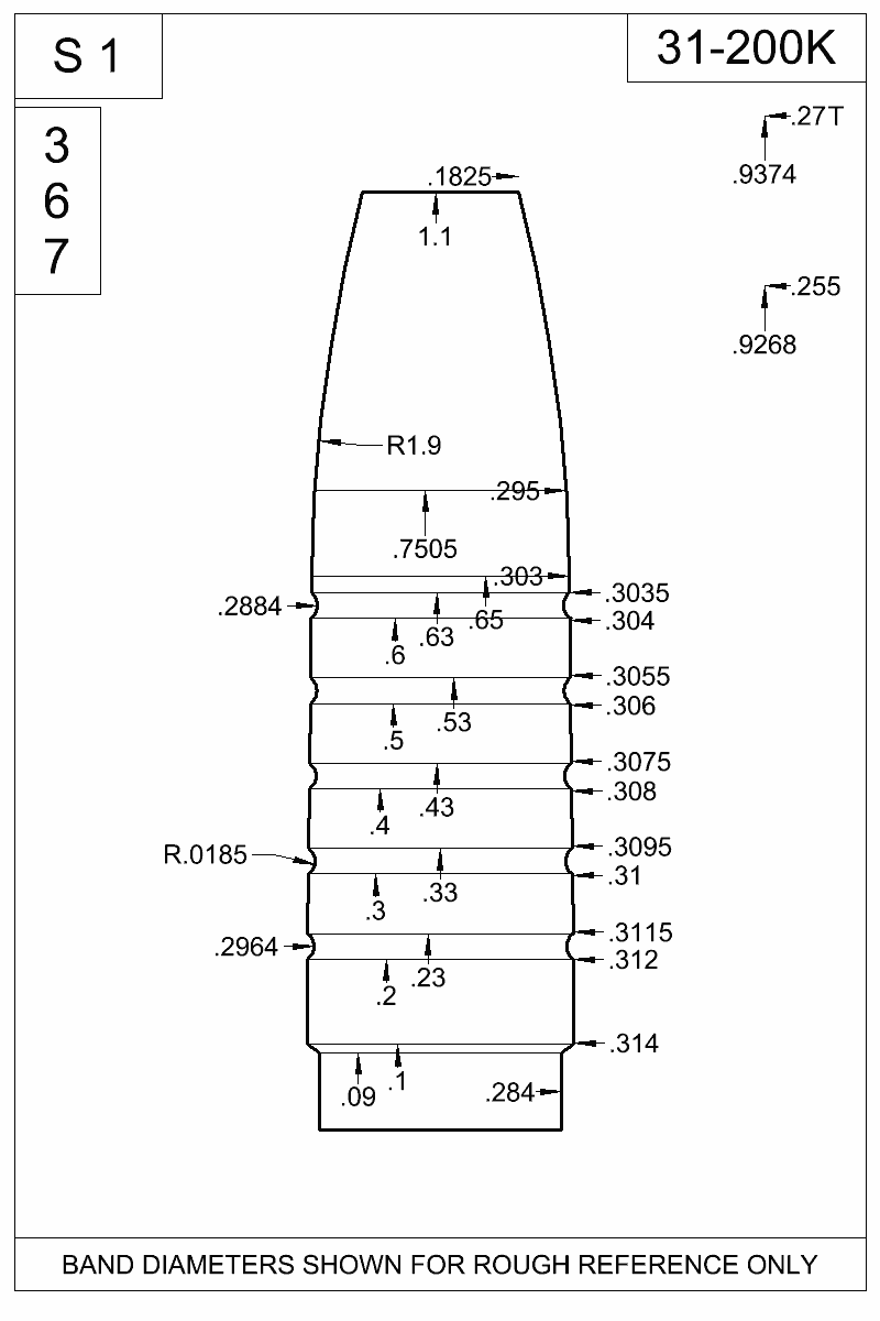 Dimensioned view of bullet 31-200K