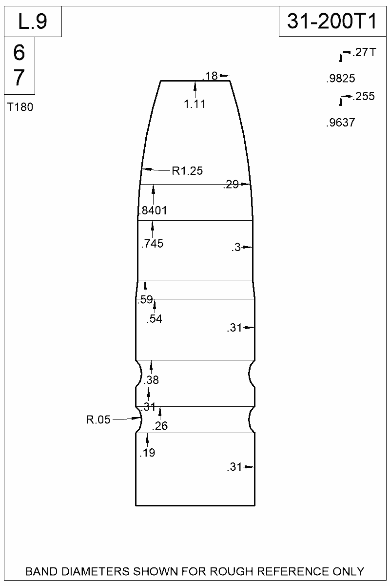 Dimensioned view of bullet 31-200T1