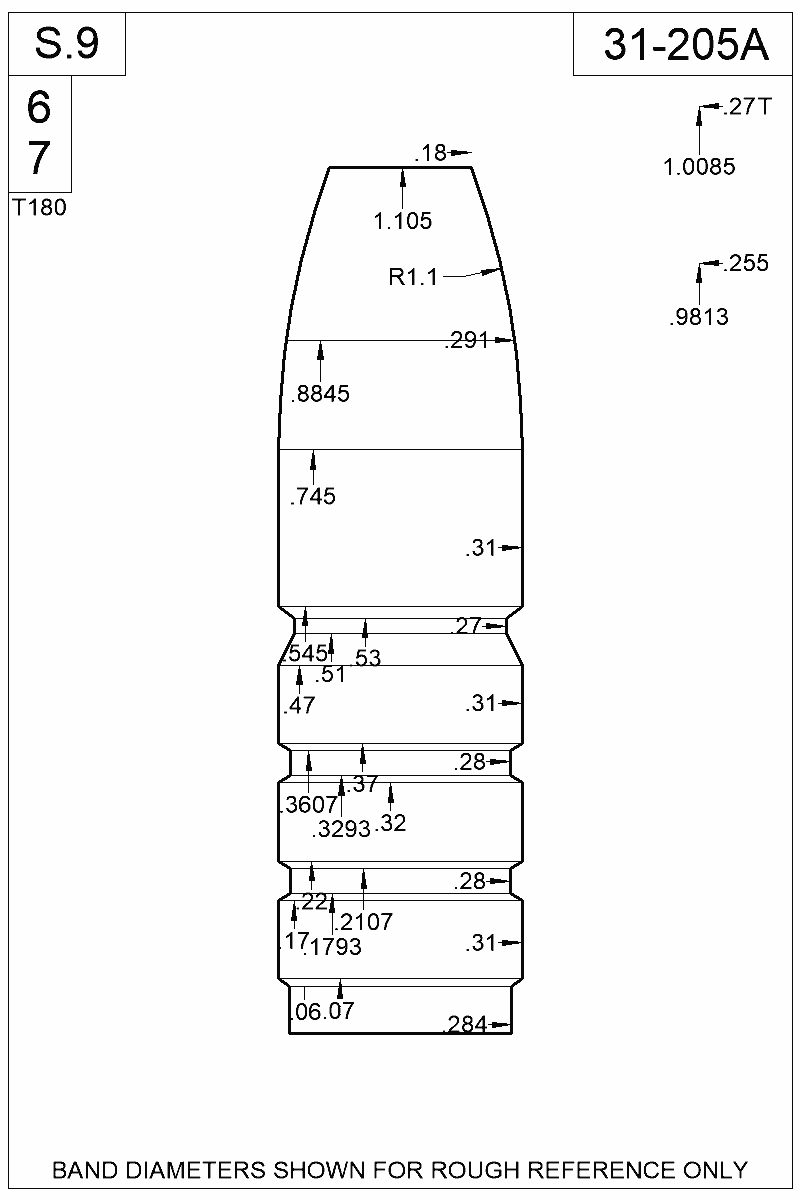 Dimensioned view of bullet 31-205A
