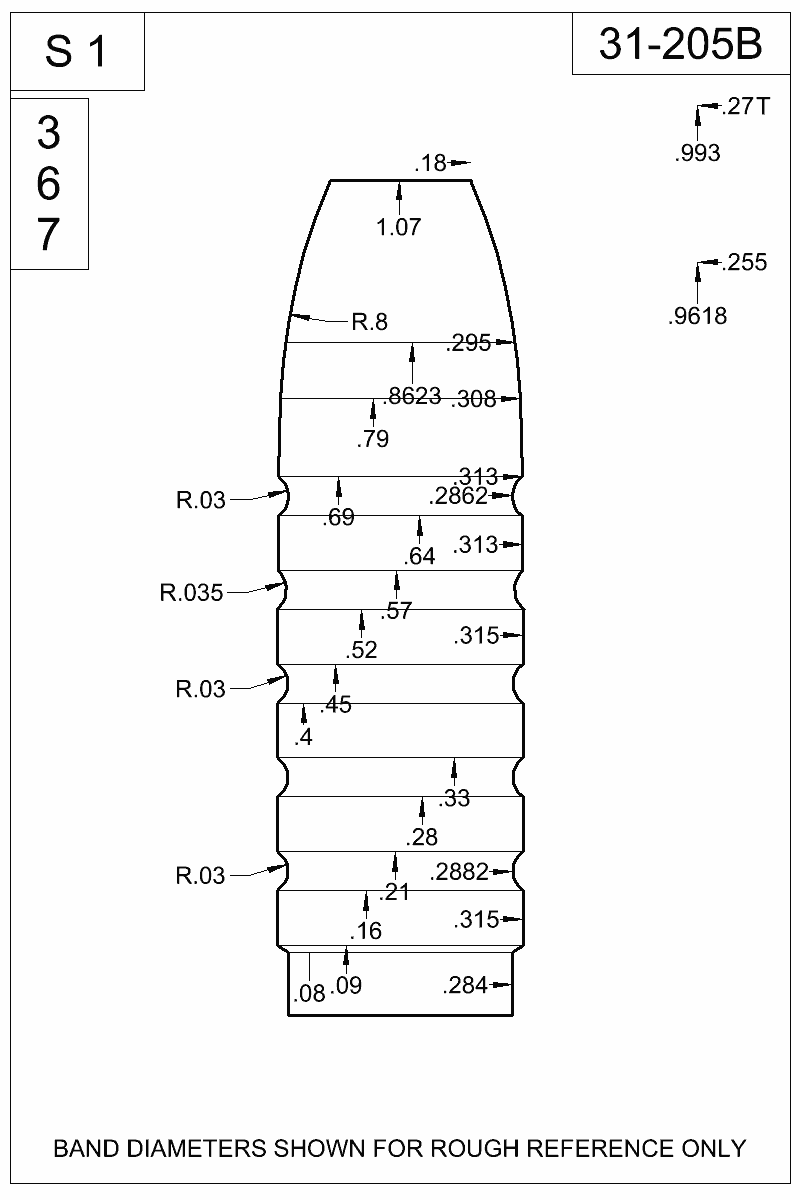 Dimensioned view of bullet 31-205B