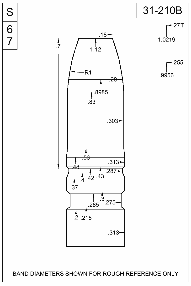 Dimensioned view of bullet 31-210B