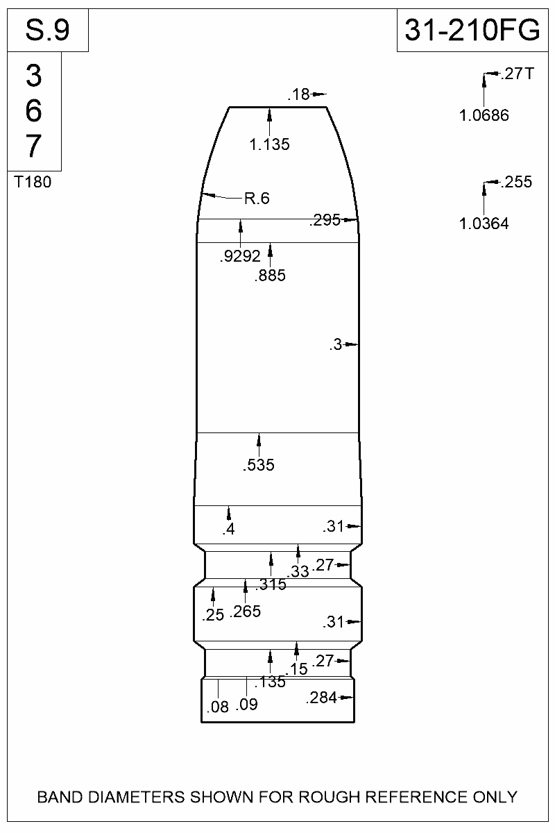 Dimensioned view of bullet 31-210FG