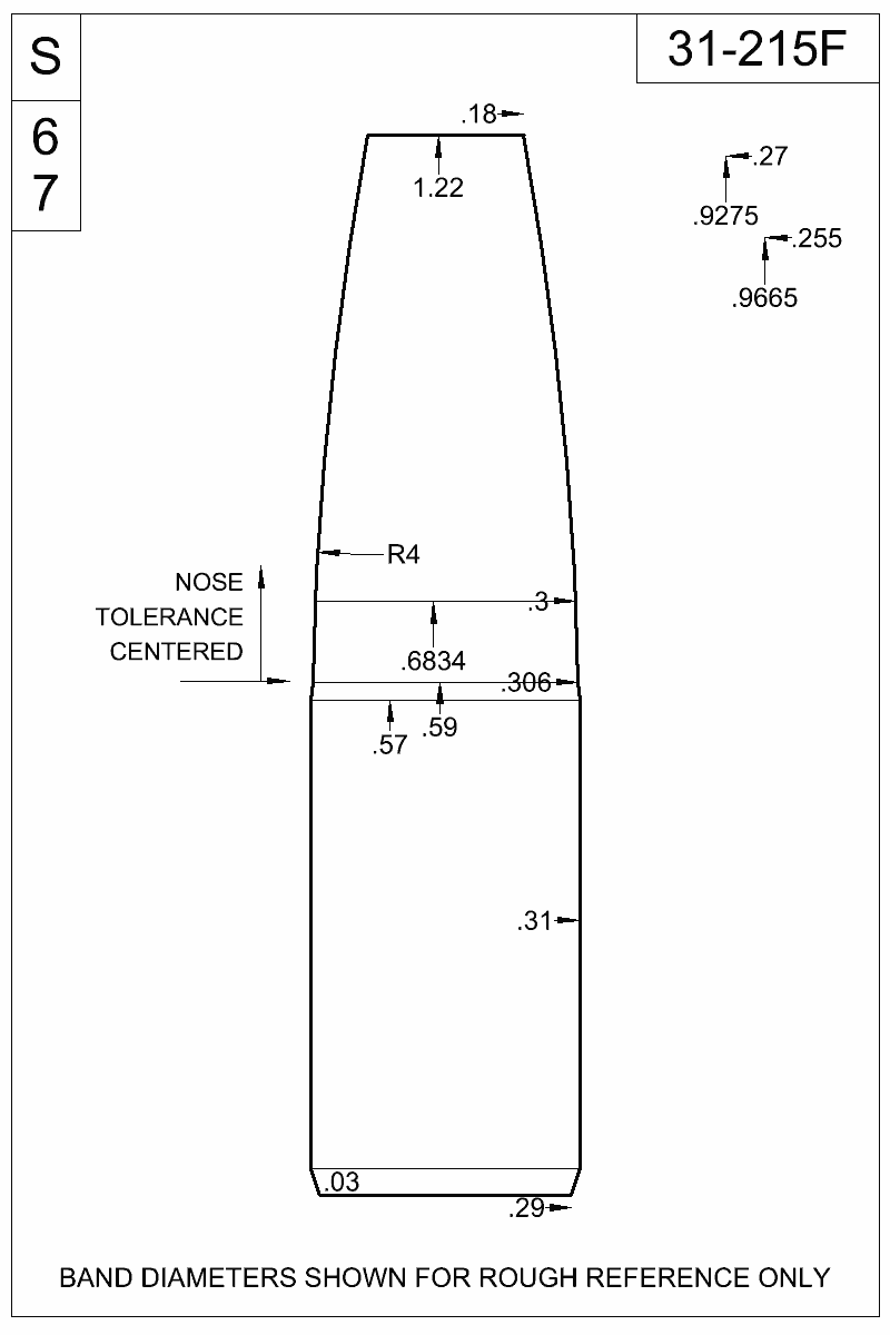 Dimensioned view of bullet 31-215F