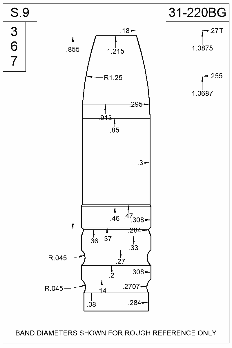 Dimensioned view of bullet 31-220BG