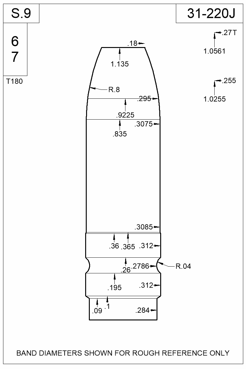 Dimensioned view of bullet 31-220J