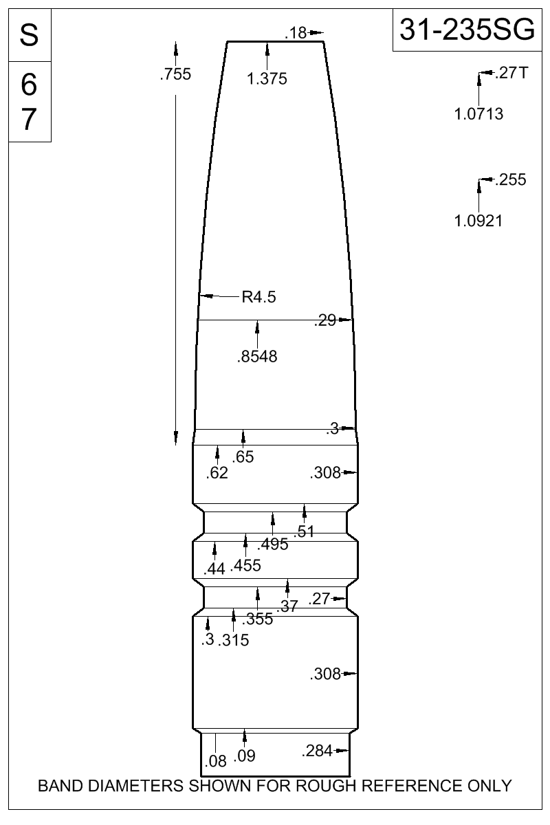 Dimensioned view of bullet 31-235SG