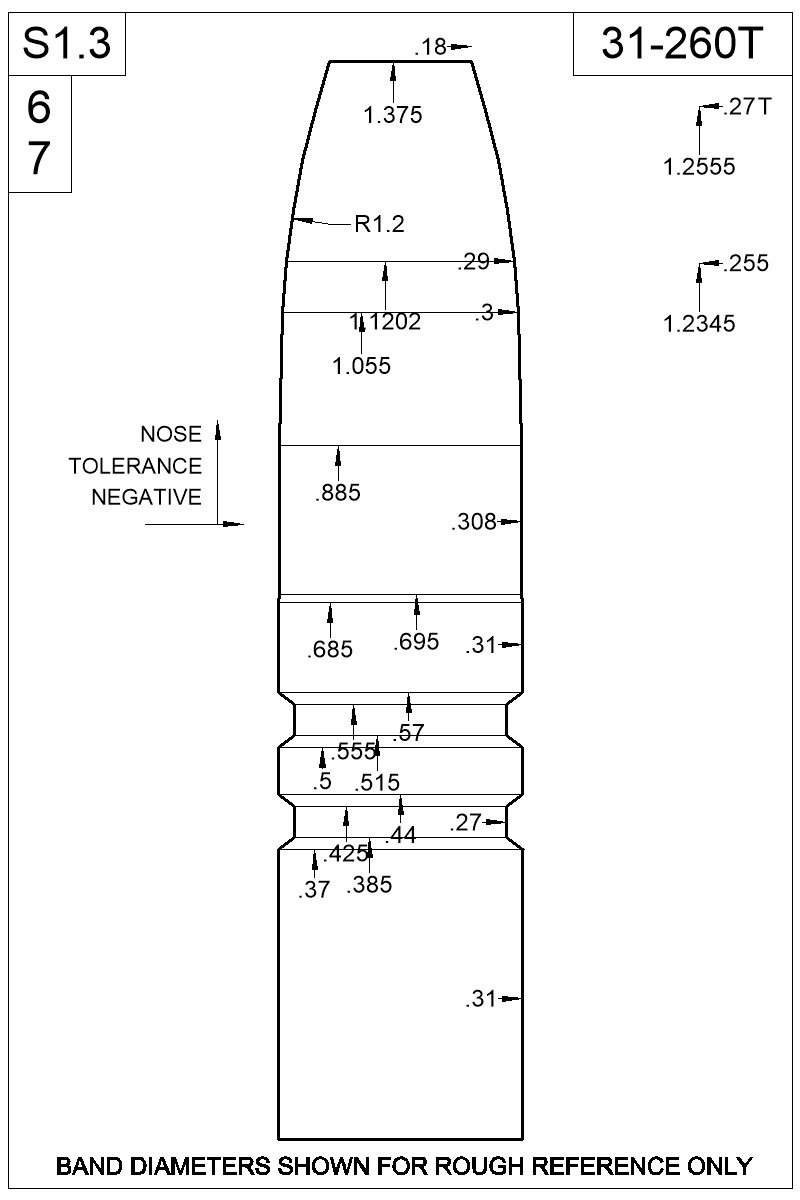 Dimensioned view of bullet 31-260T