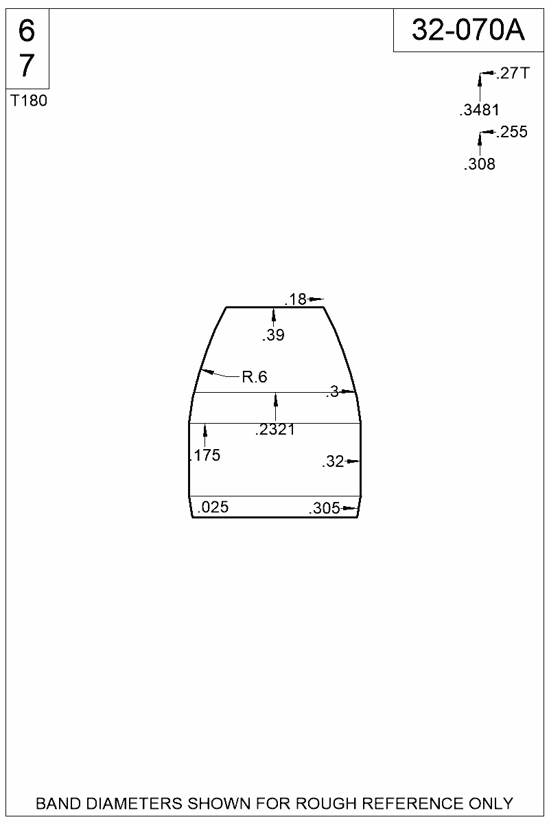 Accurate Molds catalog #32-070A Dimensioned view of bullet 32-070A
