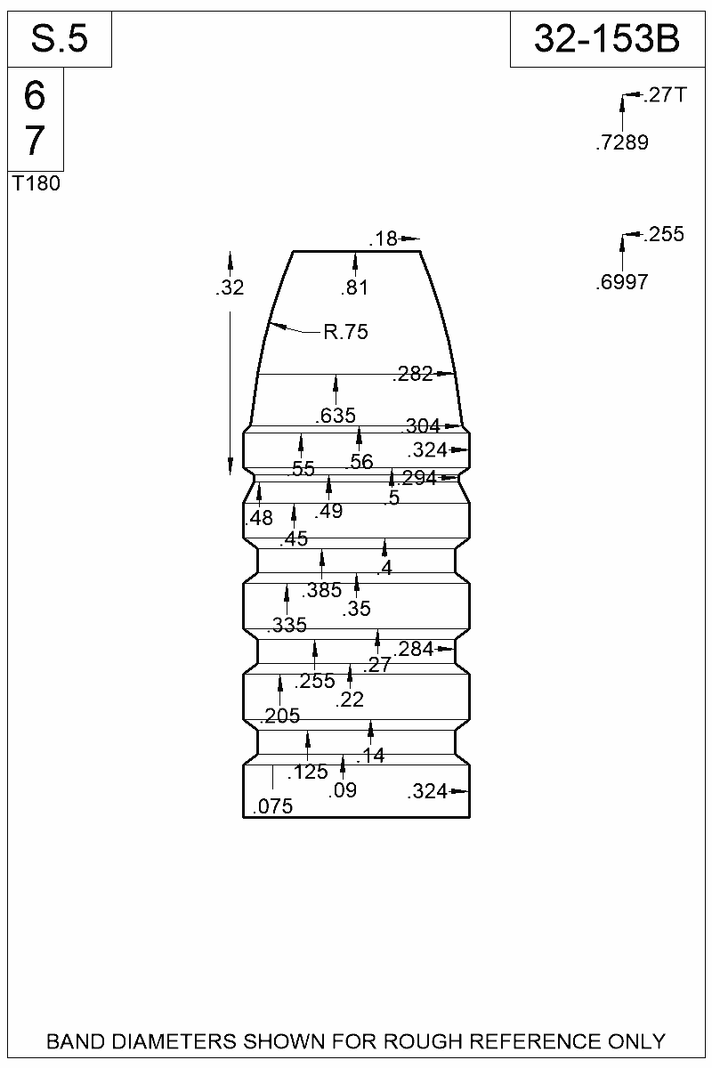 Dimensioned view of bullet 32-153B