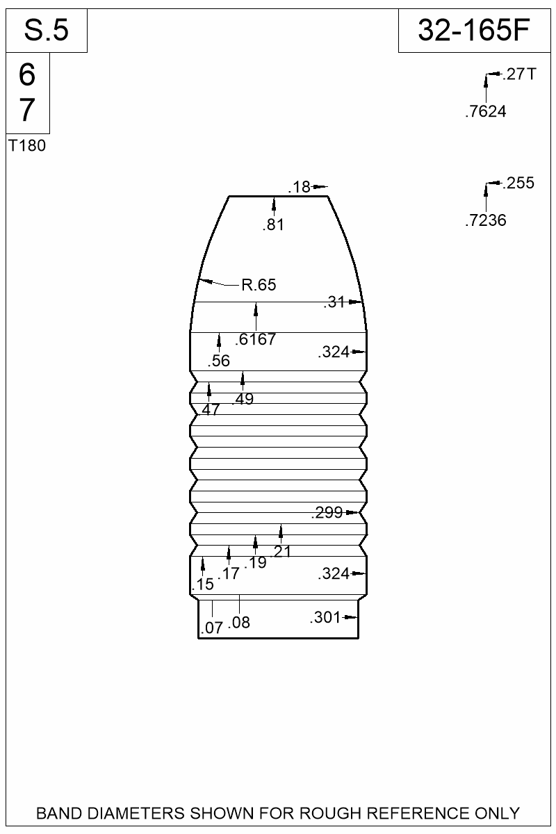 Dimensioned view of bullet 32-165F