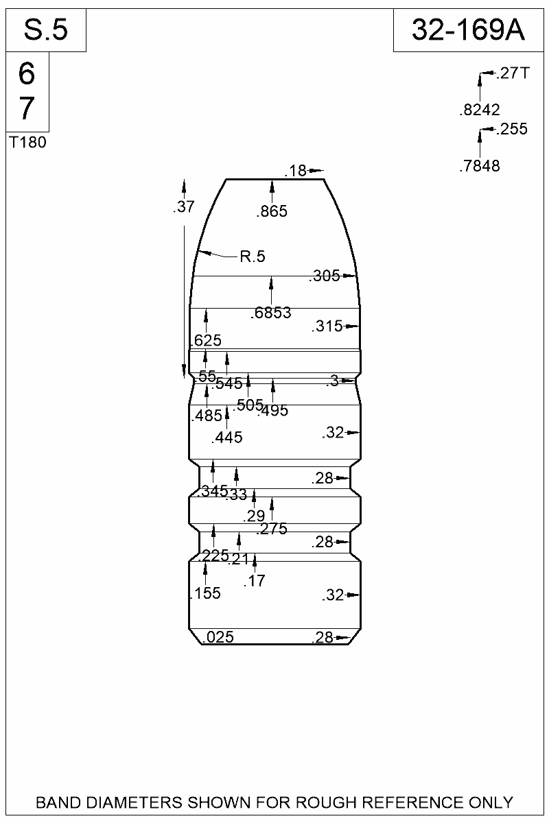 Accurate Molds catalog #32-169A Dimensioned view of bullet 32-169A