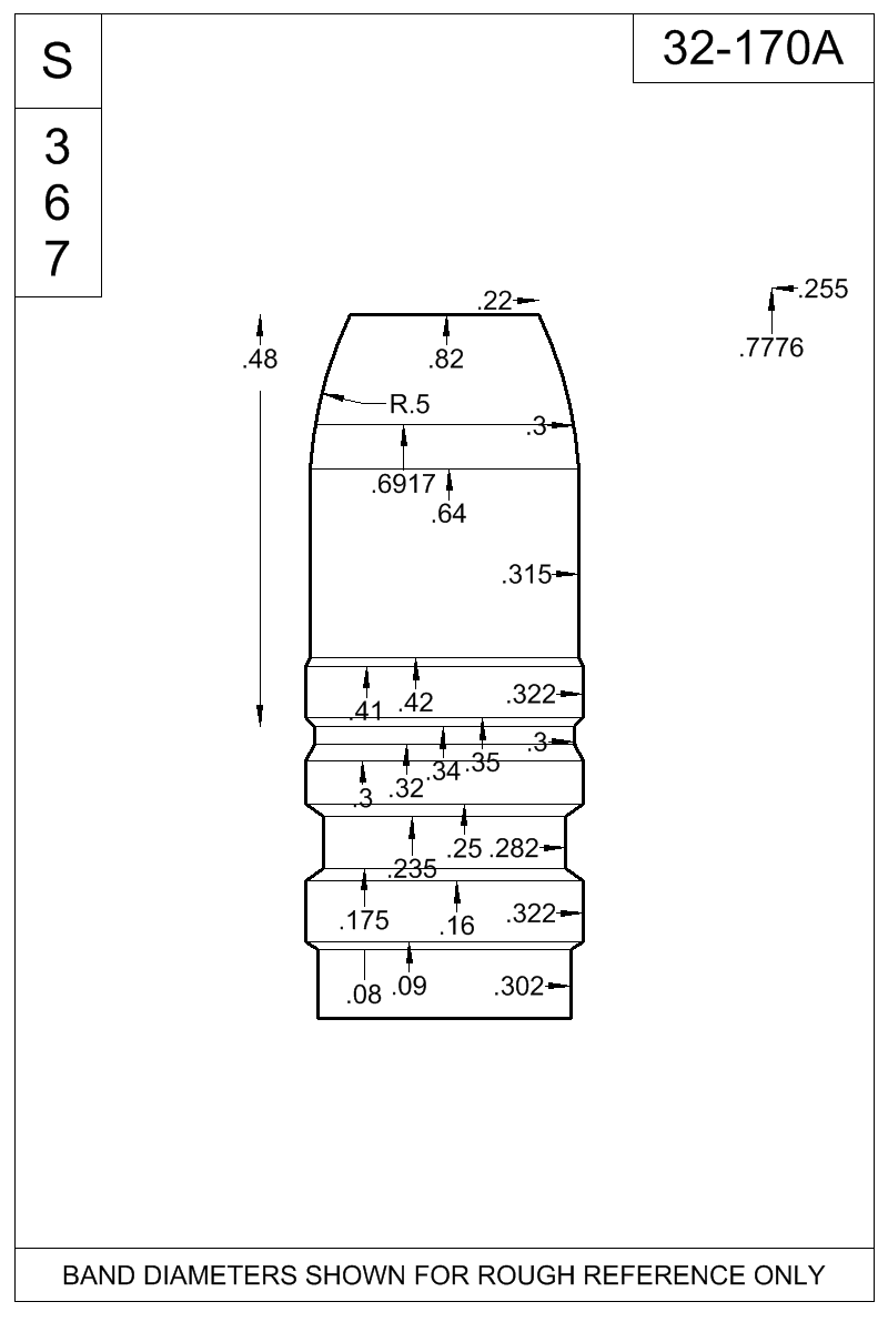 Dimensioned view of bullet 32-170A
