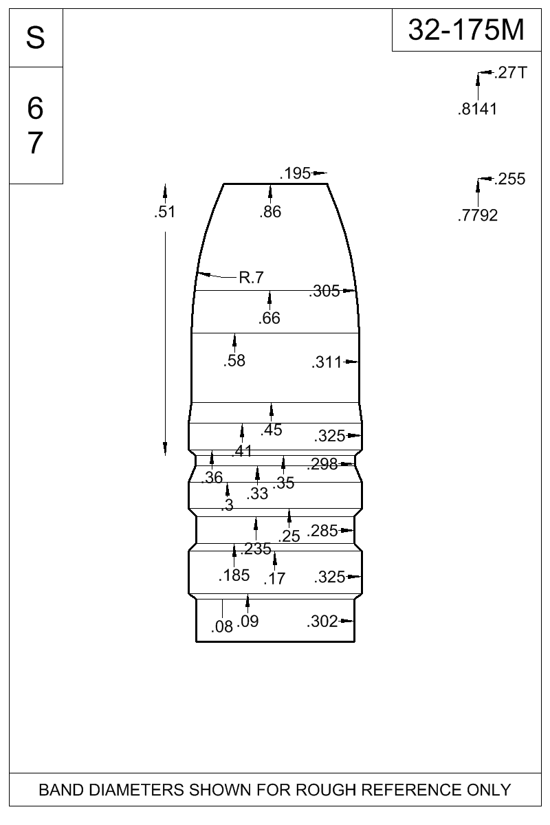 Dimensioned view of bullet 32-175M