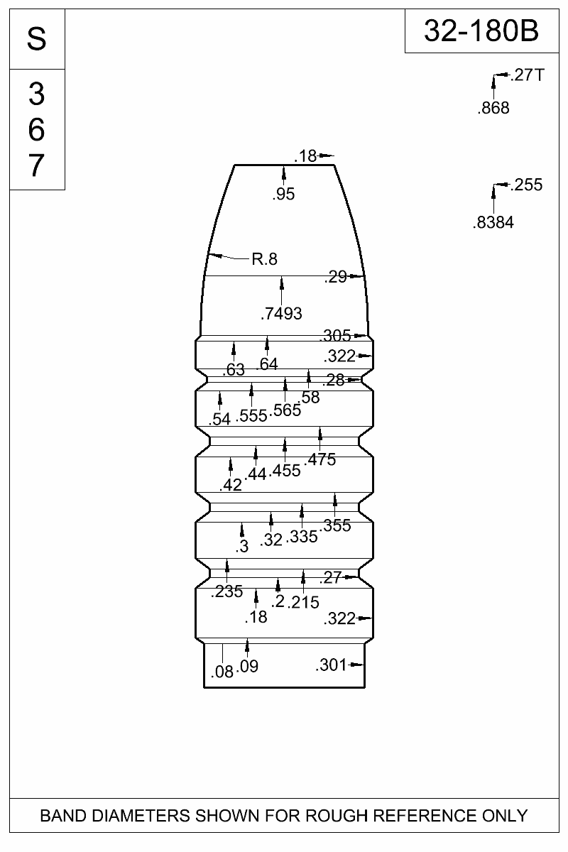 Dimensioned view of bullet 32-180B