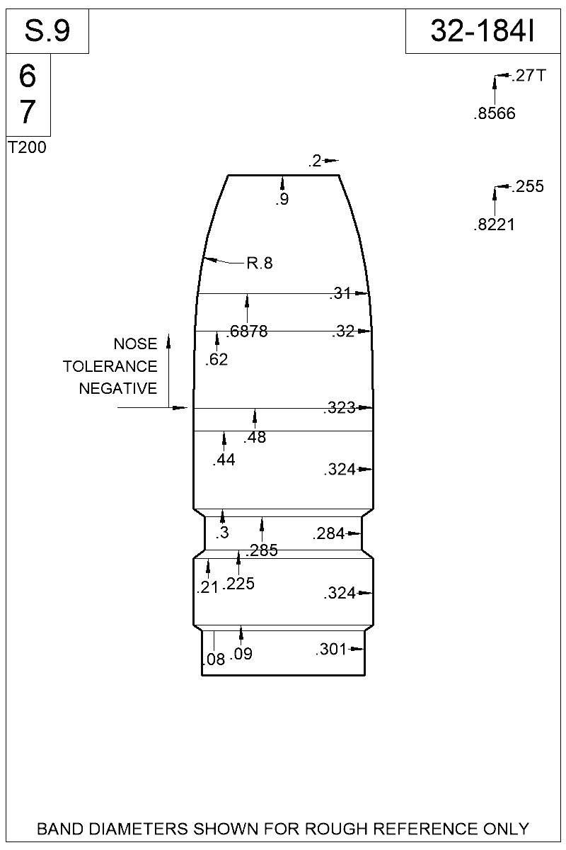 Dimensioned view of bullet 32-184I
