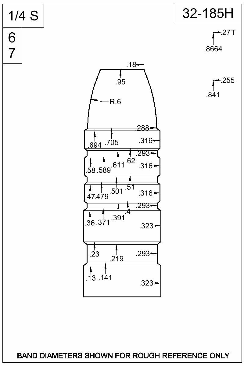 Dimensioned view of bullet 32-185H