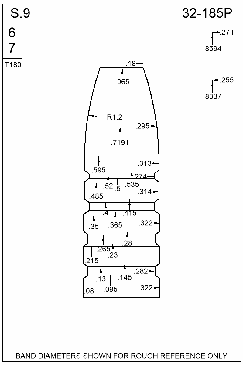 Dimensioned view of bullet 32-185P