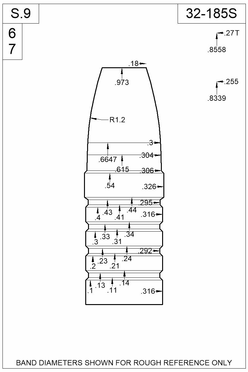 Dimensioned view of bullet 32-185S