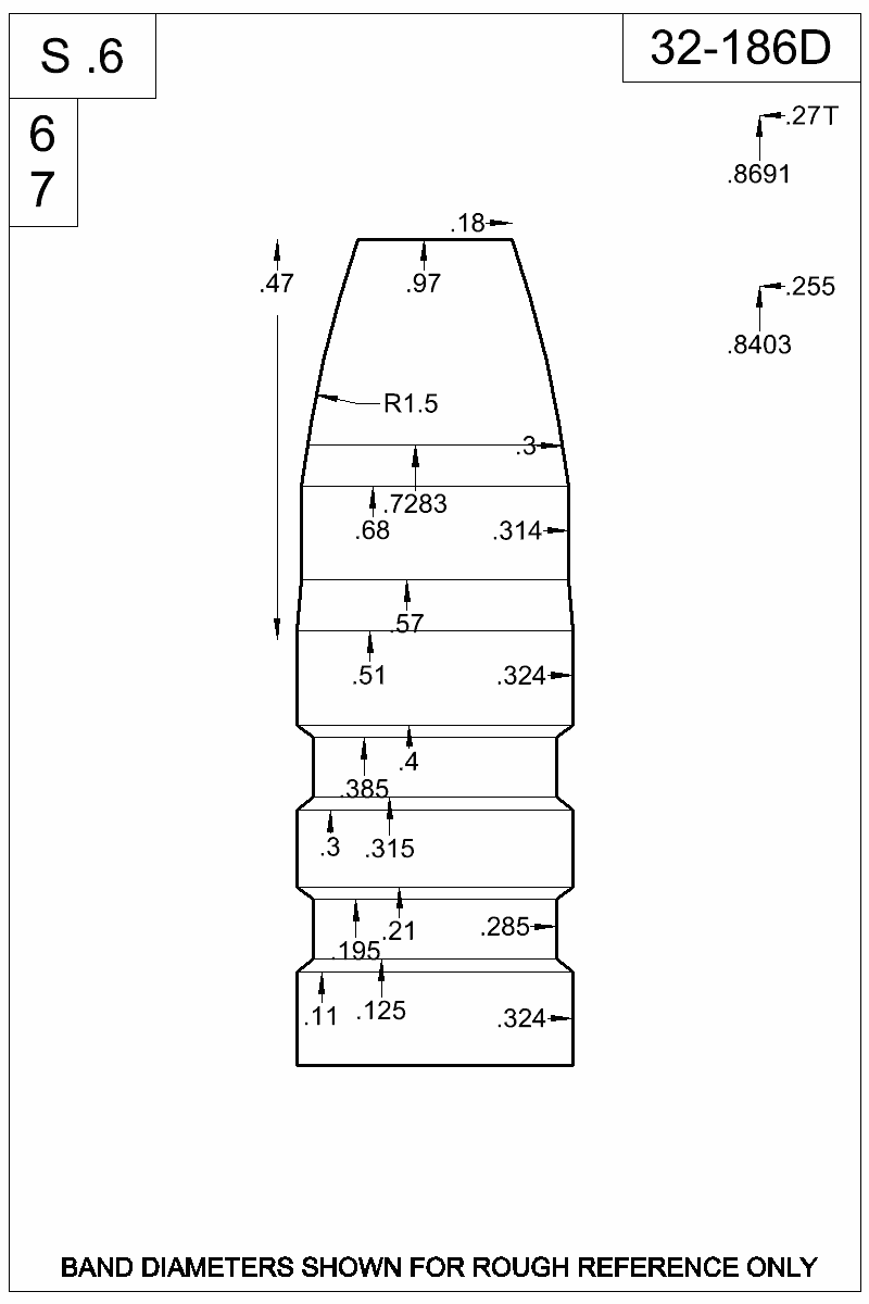 Dimensioned view of bullet 32-186D