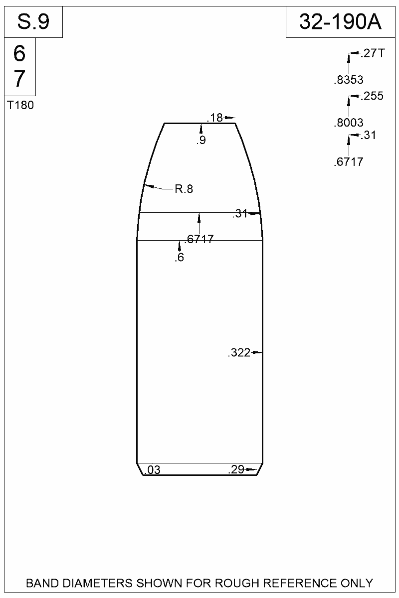 Dimensioned view of bullet 32-190A