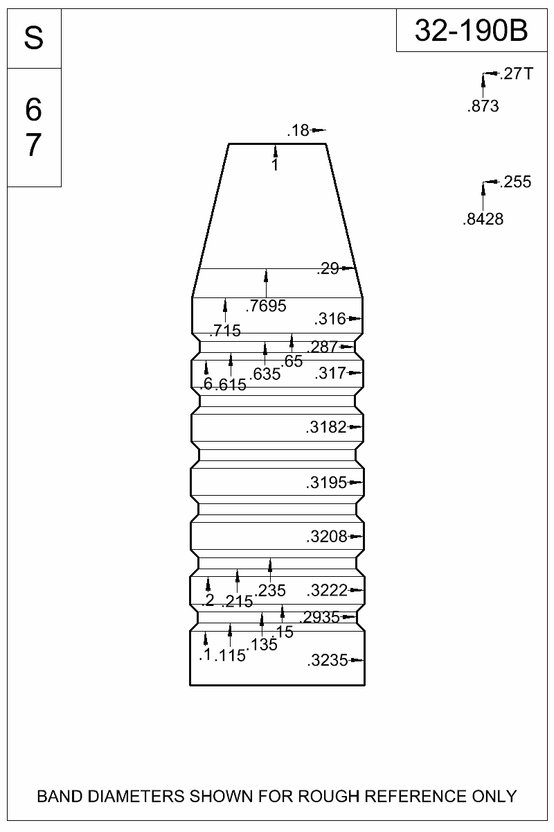 Dimensioned view of bullet 32-190B