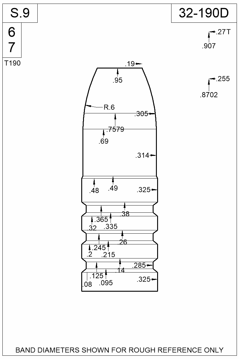 Dimensioned view of bullet 32-190D