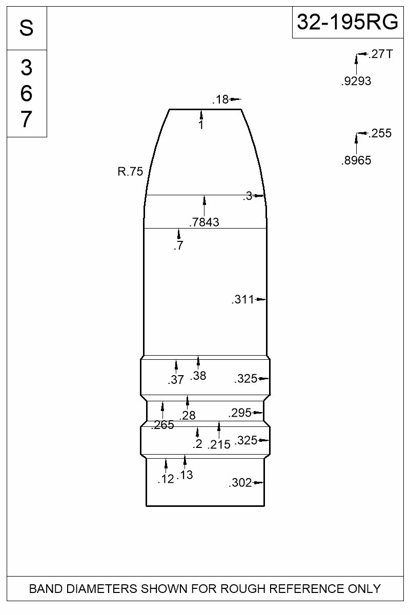 Dimensioned view of bullet 32-195RG