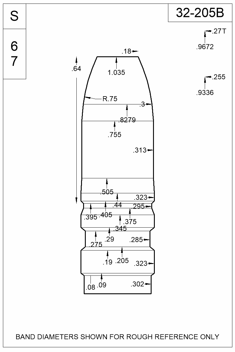 Dimensioned view of bullet 32-205B