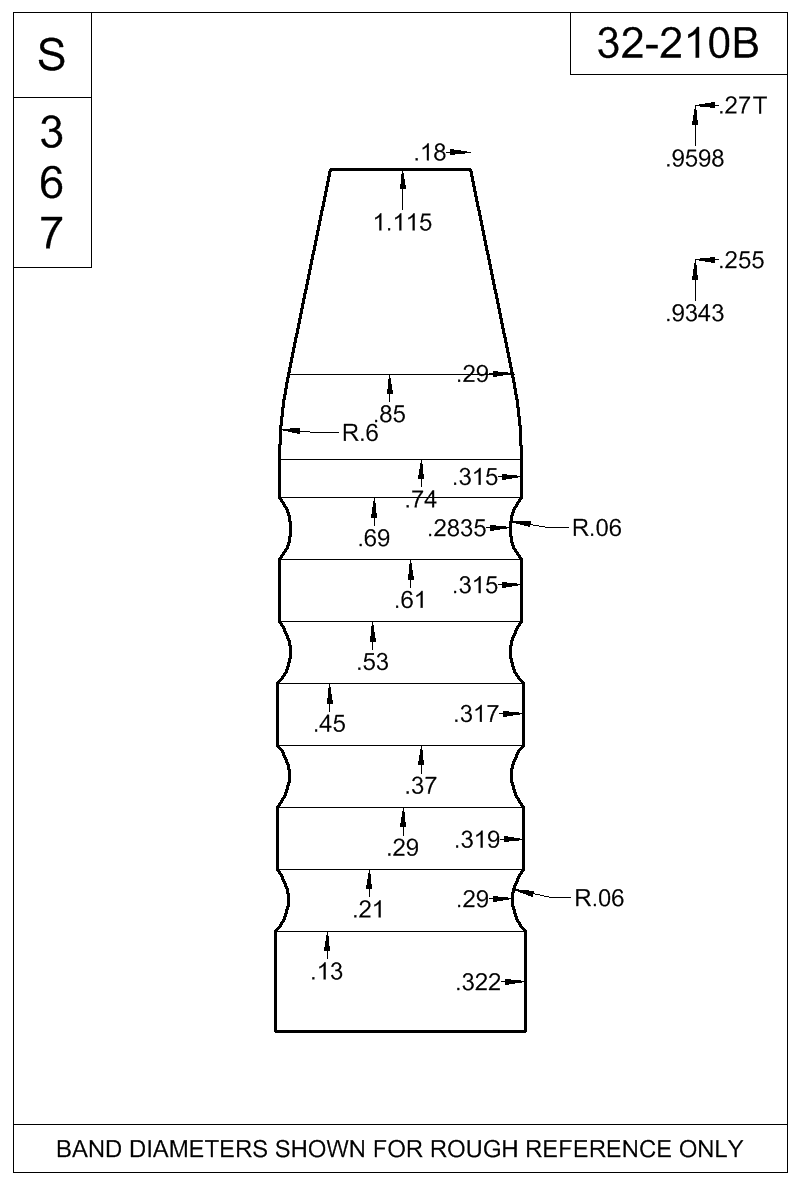 Dimensioned view of bullet 32-210B